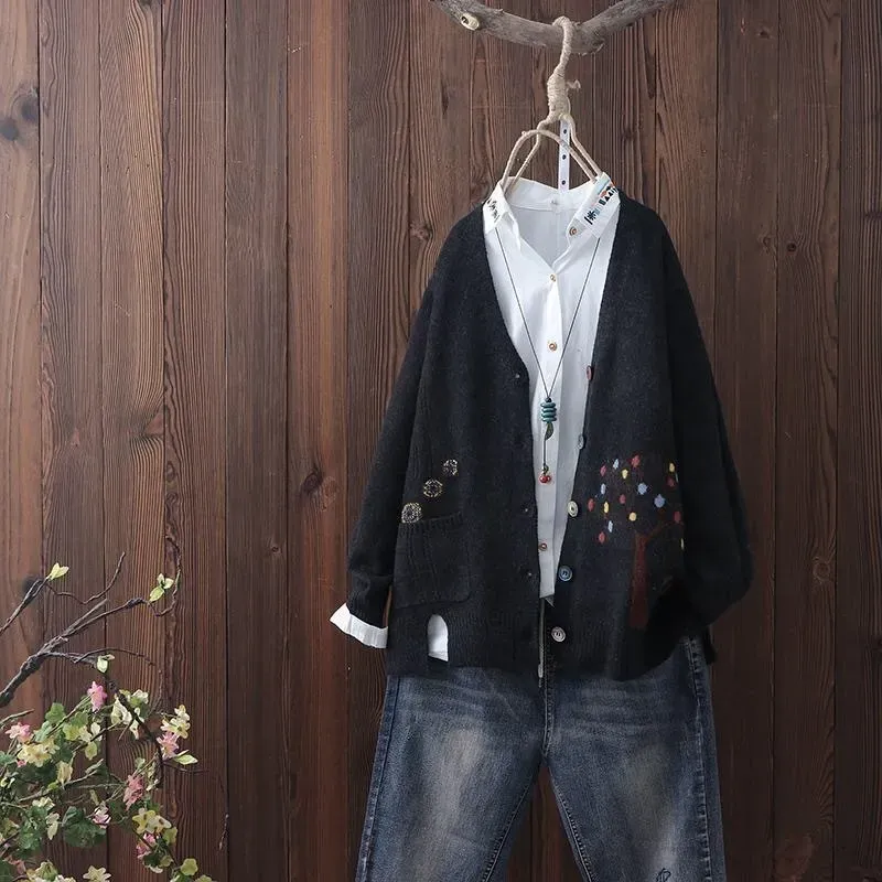 Vintage Botanical Long Sleeve Knit Cardigan