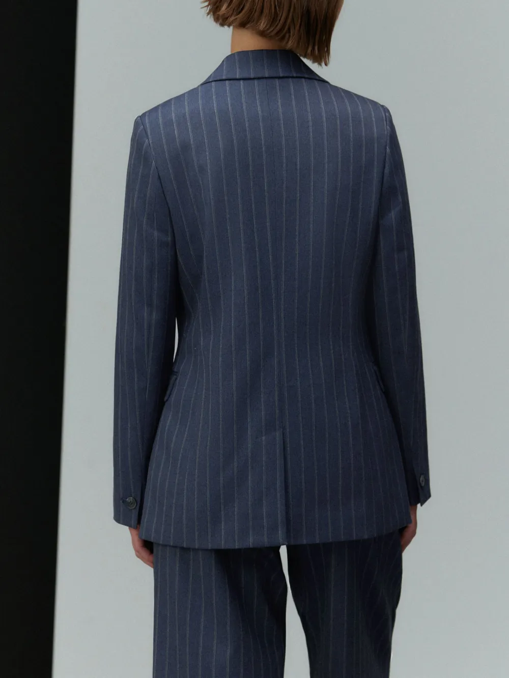 Navy Blue Single-Breasted Striped Suit Jacket