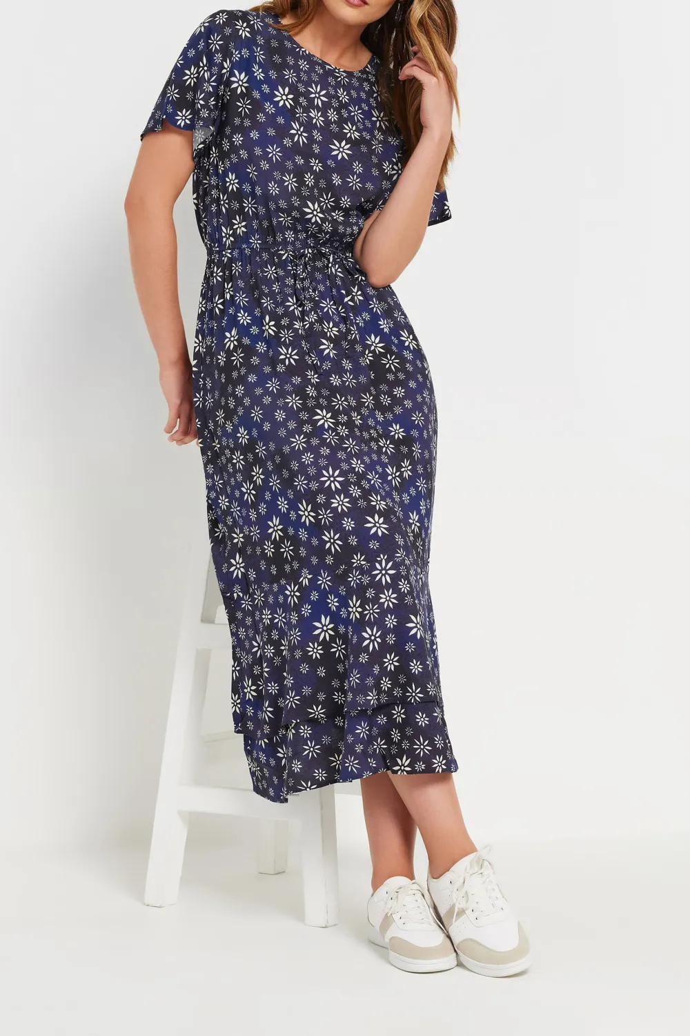 Casual Style Navy Blue Ditsy Floral Tie Waist Dress