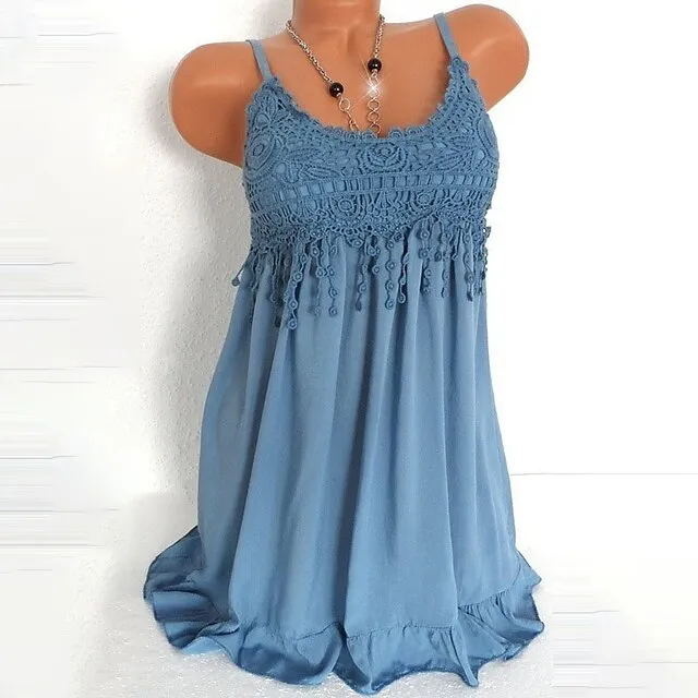 Women's Plus Size Tank Top Camisole Summer Tops Solid Color White Blue Green Lace Ruffle Sleeveless Daily Weekend Holiday Casual Strap Regular Fit Summer Spring