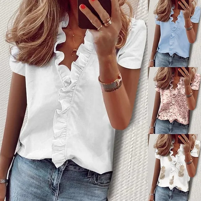 Women‘s Blouse T shirt Basic Lettuce Trim Plain Daily V Neck T-shirt Sleeve Regular Spring &  Fall Light Khaki. Green Blue White Pink