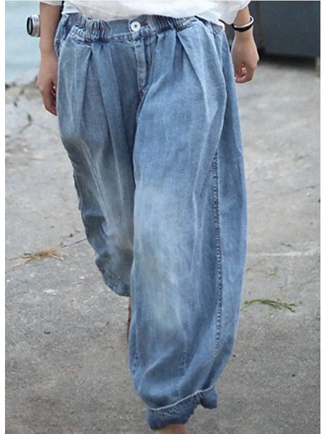 Women's Joggers Pants Trousers Baggy Faux Denim Mid Waist Fashion coastal grandma style Casual Weekend Print Micro-elastic Full Length Comfort Flower / Floral