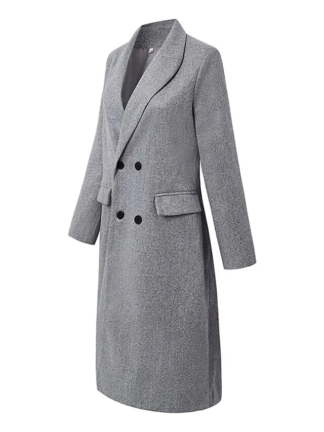 Women's Coat Comtemporary Contemporary Simple Button Formal Office / Career Street Daily Polyester Long Coat Winter Fall Gray Double Breasted Turndown Regular Fit 3XL