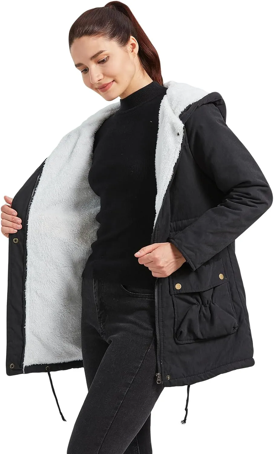 Women's Winter Mid Length Thick Warm Faux Lamb Wool Lined Jacket Coat