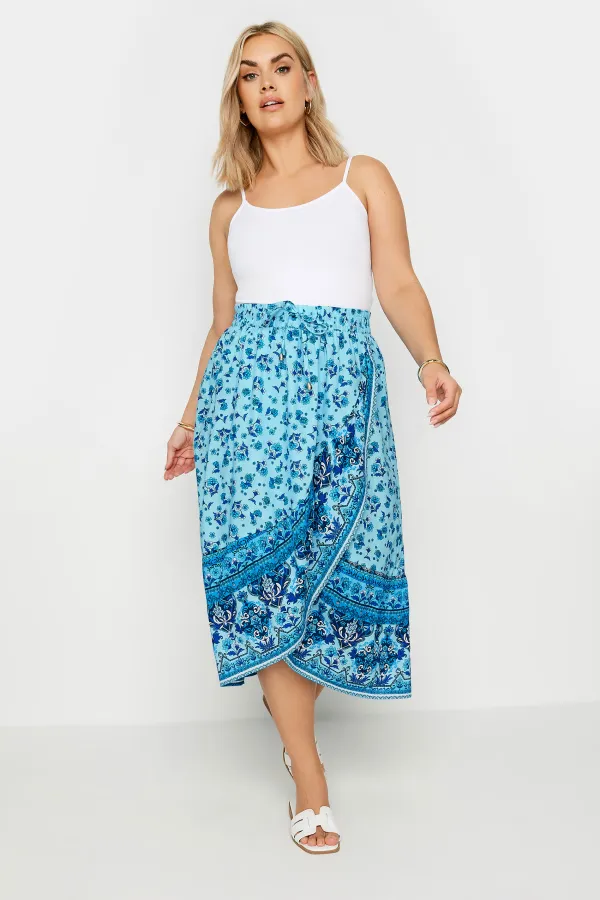YOURS Curve Blue Floral Print Wrap Skirt