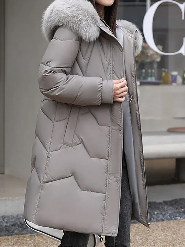 Women's Parka Winter Long Puffer Jacket Fall Windproof Warm Zipper Coat with Pocket Fur Collar Hood Modern Casual Street Style Plain Regular Fit Outerwear Long Sleeve Black White Pink