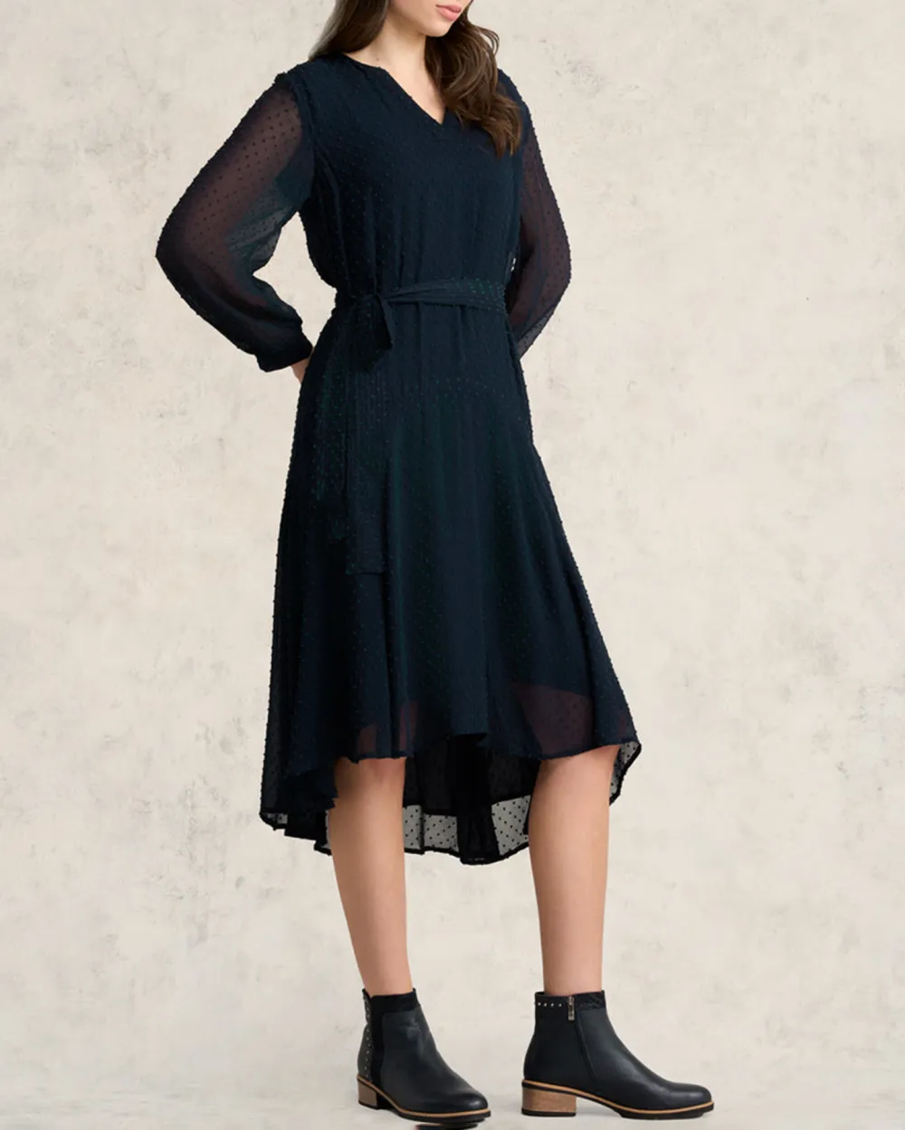 V Neck Long Sleeve Belted Midi Dress