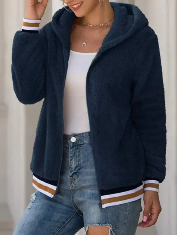 Striped Zip Pocket Hooded Cotton Jacket