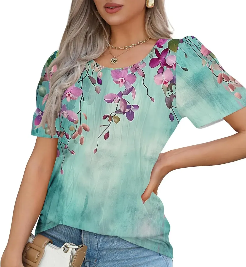 Womens Summer Pleated Front Shirts Tunics Casual Short Sleeved Loose Round Neck Boho Printed Tops Vacation Blouse