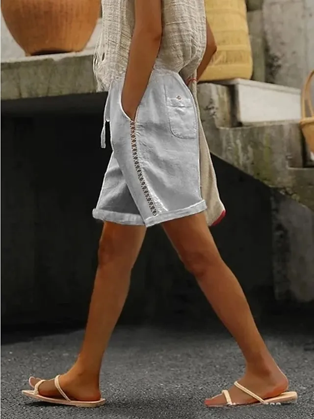 Women's Wide Leg Linen Pants Shorts Faux Linen Dark Grey White Khaki Fashion Vacation Side Pockets Cut Out Short Comfort Plain S M L XL 2XL
