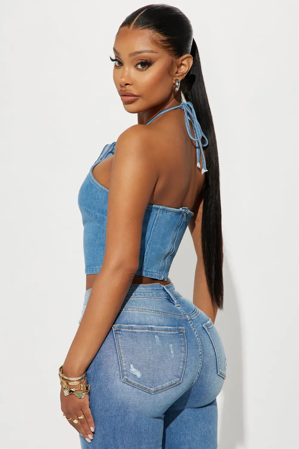 Daisy Denim Halter Top - Medium Wash