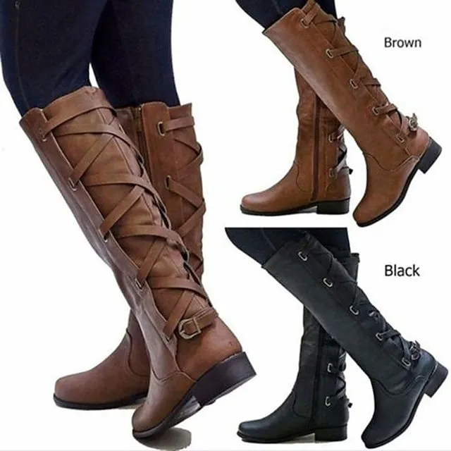 Women's Boots Biker boots Lace Up Boots Riding Boots Party Outdoor Knee High Boots Chunky Heel Fashion Classic Casual PU Solid Color dark brown claret Black