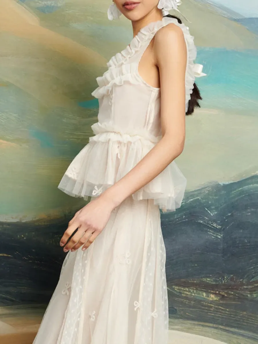 Casual Crew Neck Tulle Ruffle Top