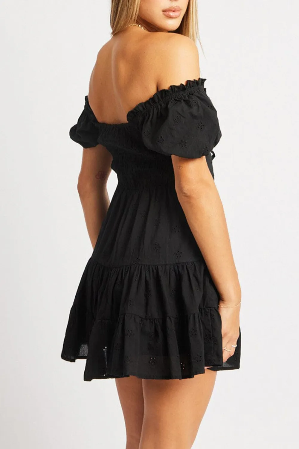 Black Fit And Flare Dress Short Sleeve Eyelet Fabric