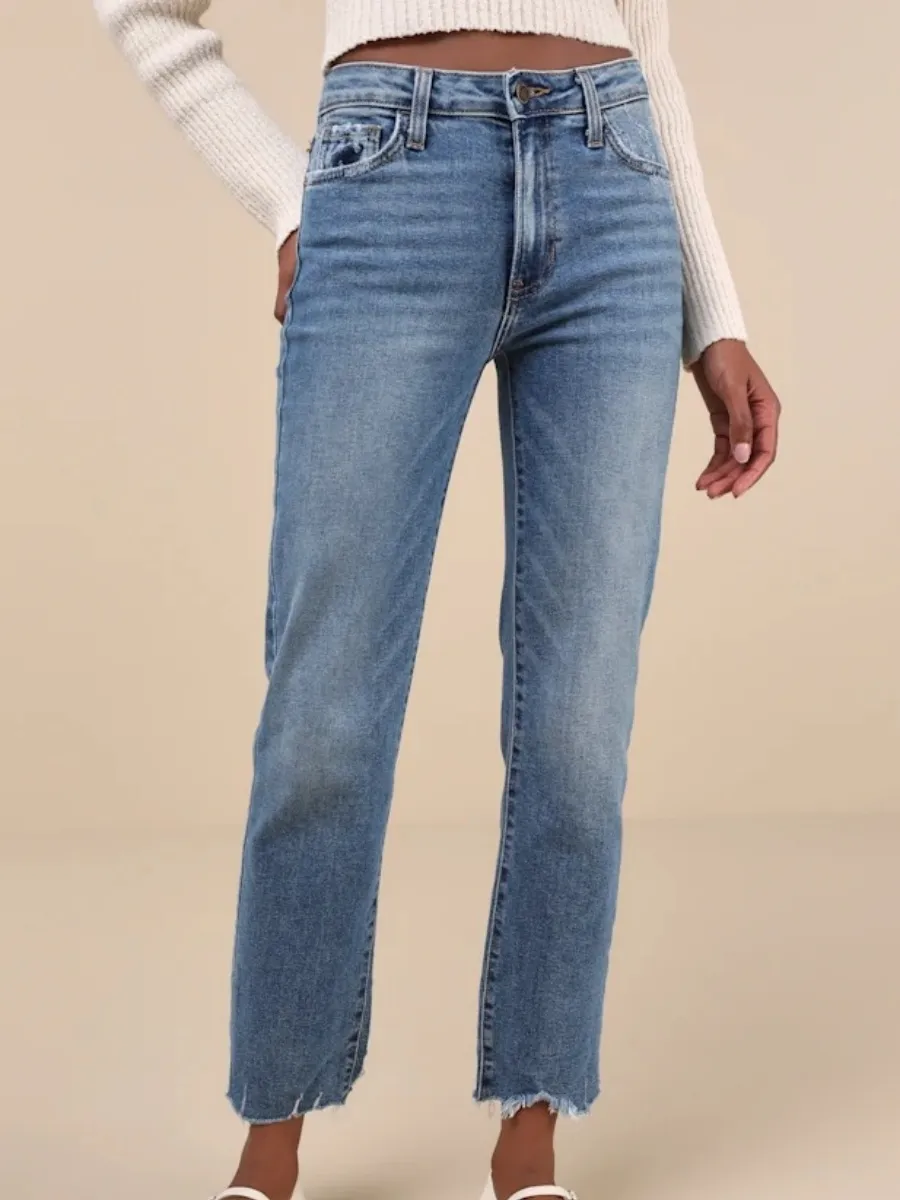 Frayed Hem Straight Jeans