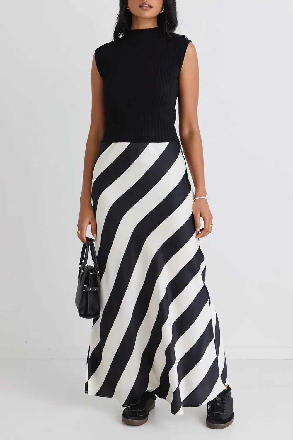 Black White Stripe Bias Cut Skirt