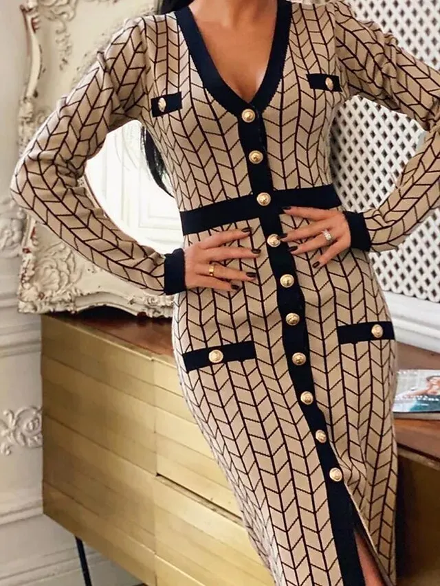 Women's Sweater Dress Jumper Dress Winter Dress Midi Dress Daily Casual Plaid Outdoor Home Casual Daily V Neck Long Sleeve Button 2023 Regular Fit Black khaki One Size