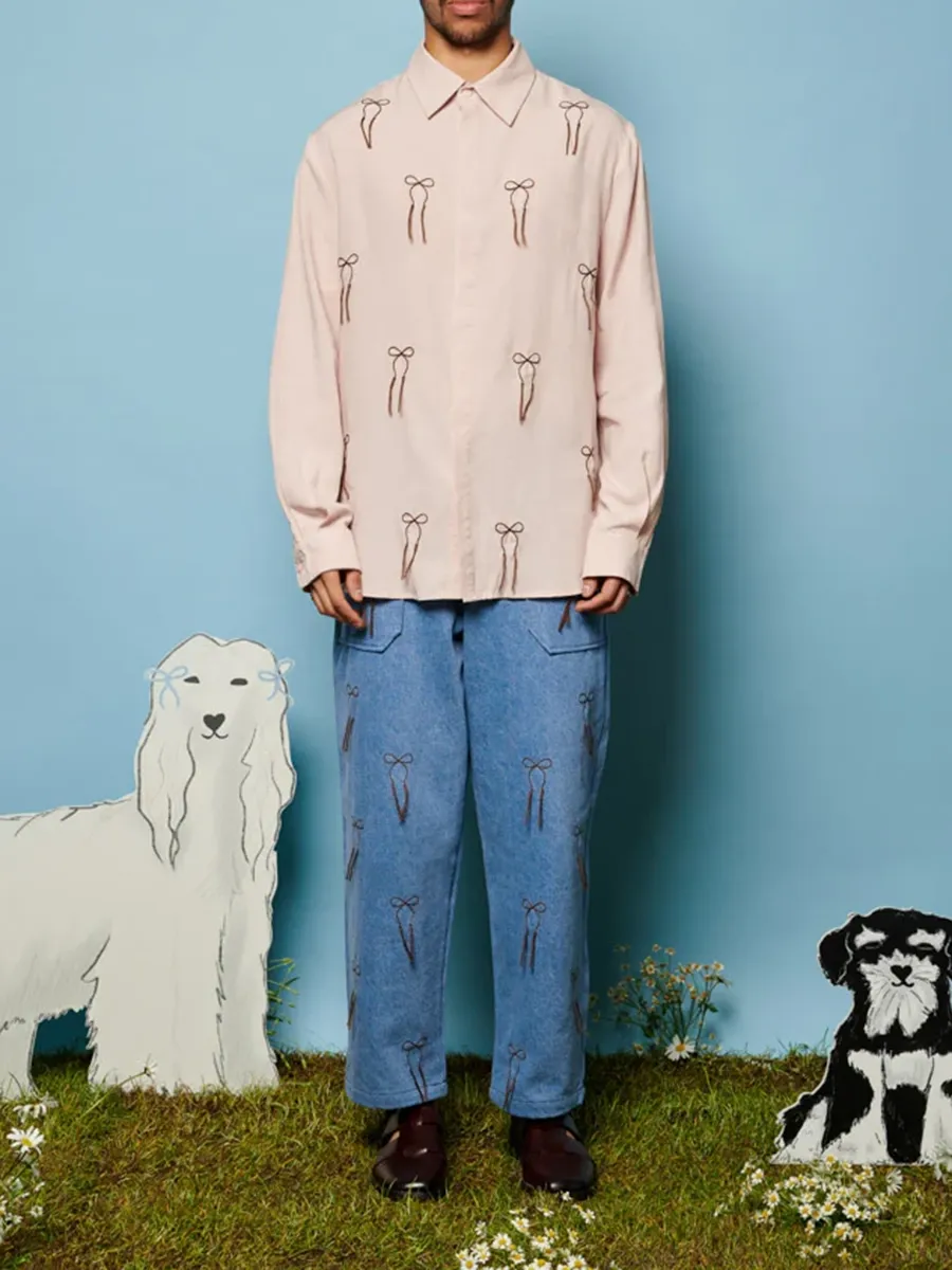 Casual Style Embroidered Bow Shirt