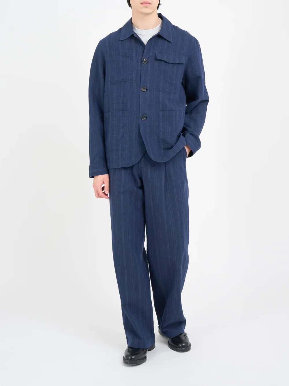Blue Long Sleeve Cotton-Linen Jacket