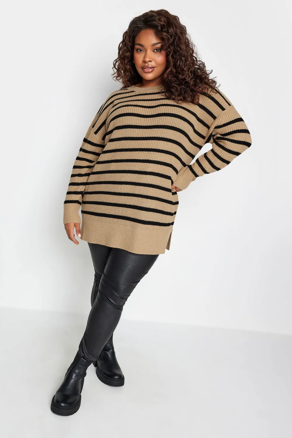 YOURS Curve Beige Brown Stripe Drop Shoulder Knitted Jumper