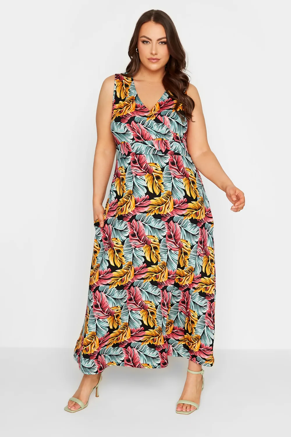 YOURS Curve Black Tropical Leaf Print Wrap Maxi Dress