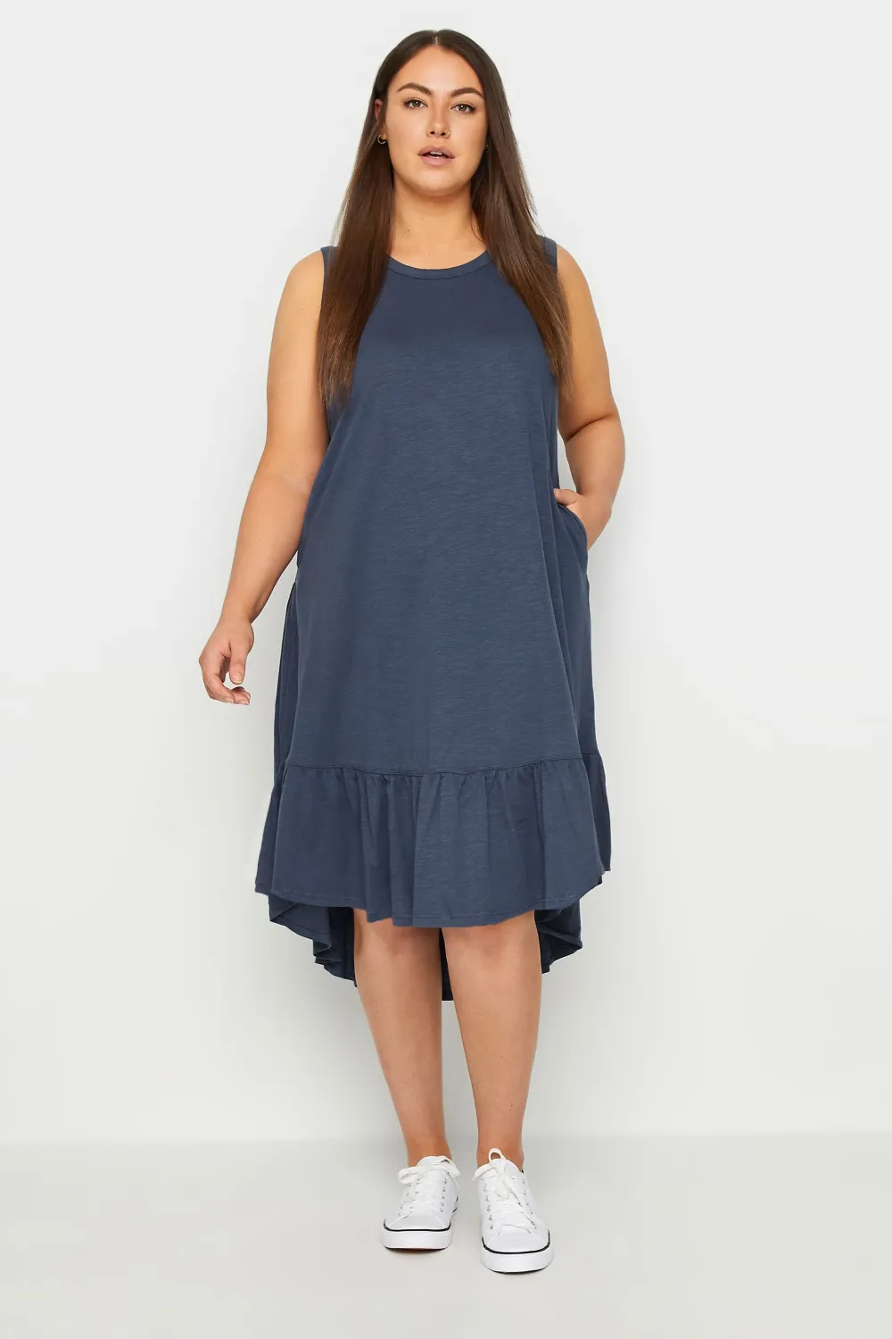 Evans Navy Blue Dipped Frill Hem Midi Dress