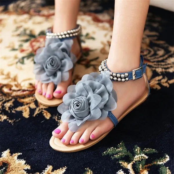 Women's Sandals Boho Bohemia Beach Flat Sandals Daily Summer Flower Flat Heel Open Toe Sweet PU Leather Buckle Solid Colored Pink Blue Beige