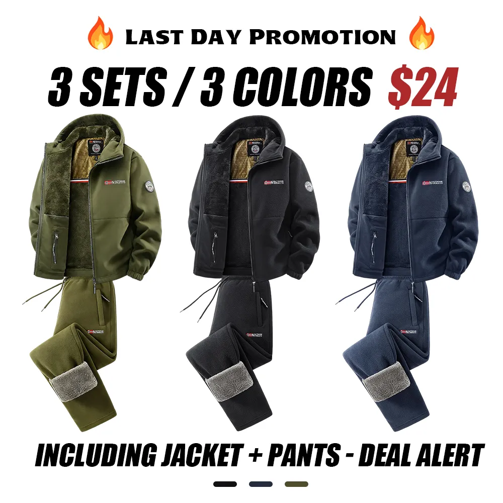 Men'S Outdoor Heavyweight Fleece Jacket&Men's Winter Outdoor Sports Fleece Pants-2 price set - Double-Sided Warm Hooded Coat With Full Zip, Multi Pockets & Machine Washable Polyester For Camping Hiking Casual Wear