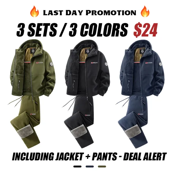 Men'S Outdoor Heavyweight Fleece Jacket&Men's Winter Outdoor Sports Fleece Pants-2 price set - Double-Sided Warm Hooded Coat With Full Zip, Multi Pockets & Machine Washable Polyester For Camping Hiking Casual Wear