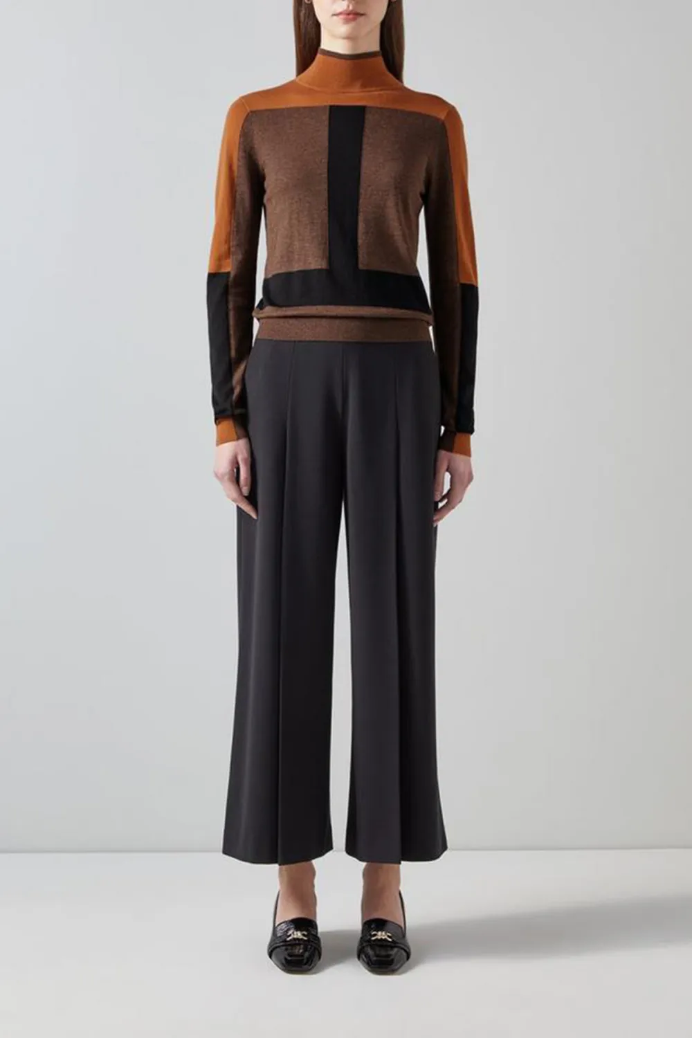 Brown Toned Color Blocked Turtleneck Knit Top