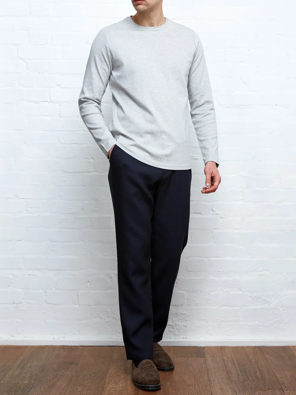 Grey Crew Neck Long Sleeve Plain T-Shirt