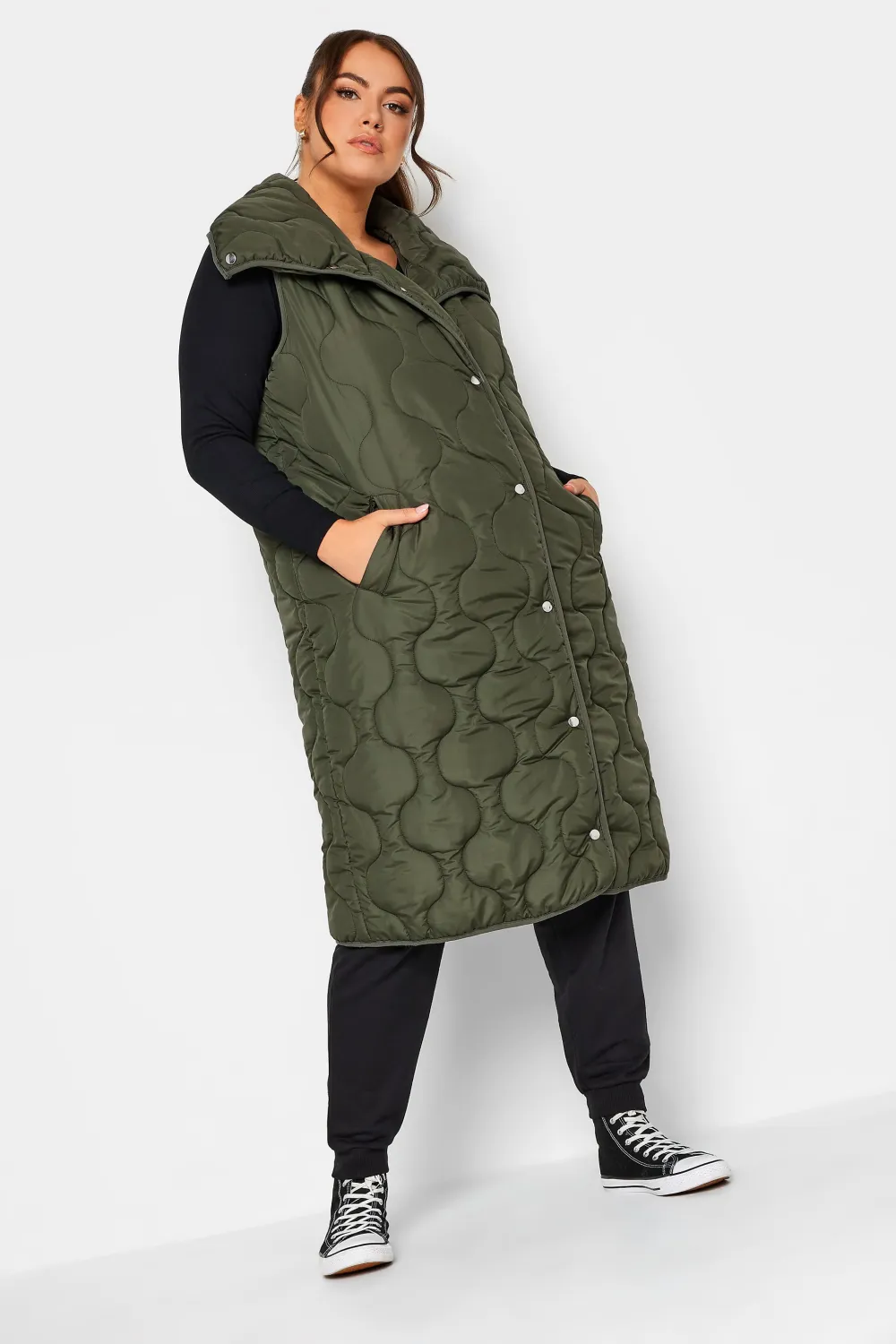 YOURS Curve Black Funnel Neck Quilted Longline Gilet