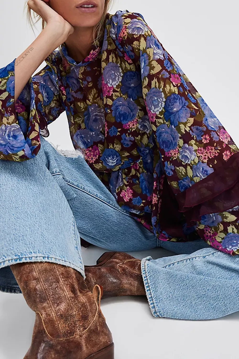 High Neck Lantern Sleeve Floral Mini Dress