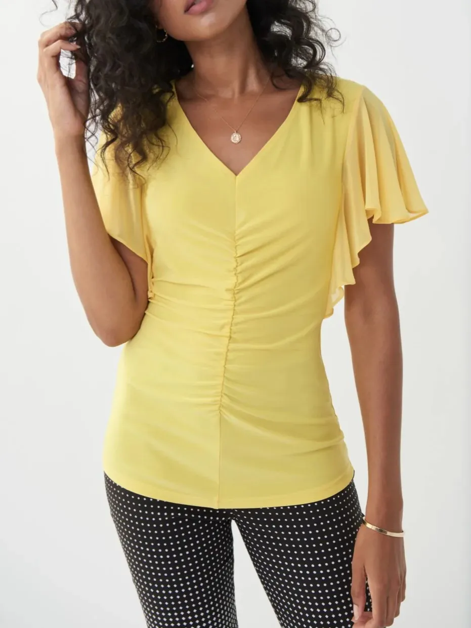 Yellow Ruffled V - Neck Short - Sleeve Top