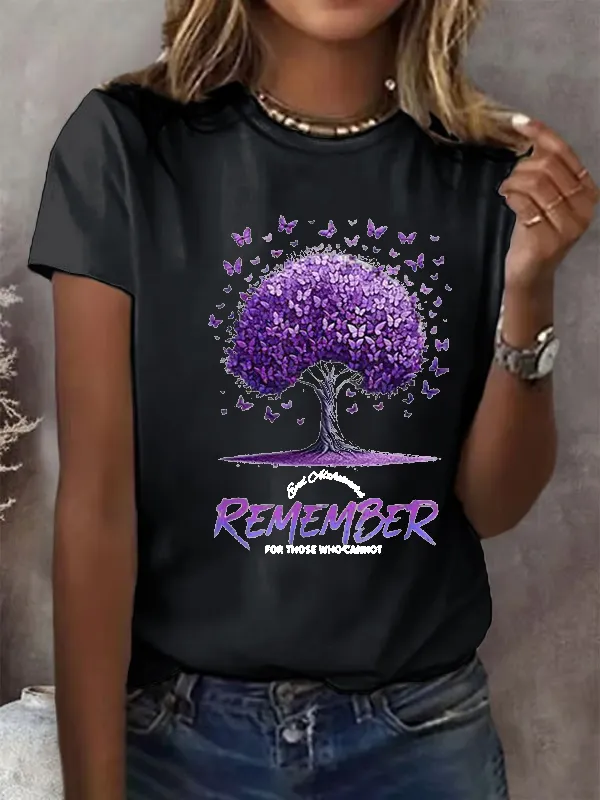 Women'S Alzheimer'S Awareness End Alzheimer Remember For Those Who Cannt Butterfly Printed Short Sleeve T-Shirt