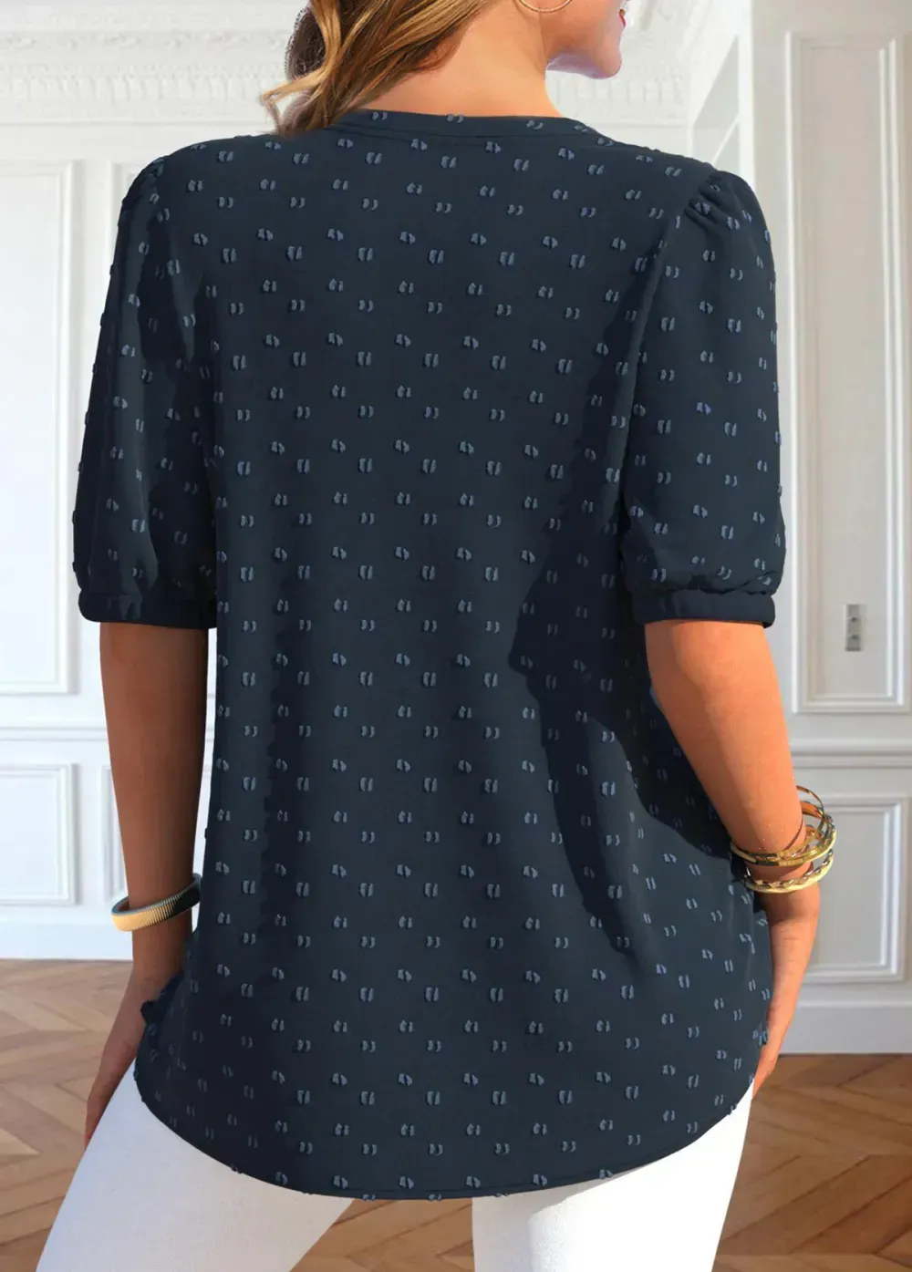 Navy Button Short Sleeve Split Neck Blouse