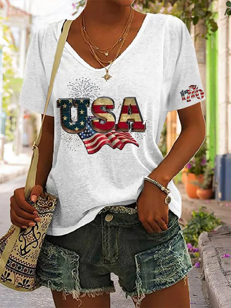 Women'S Short-Sleeved V-Neck T-Shirt With National Flag Pattern Printing