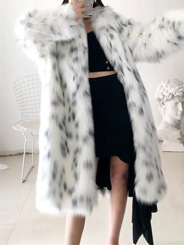 Women's Faux Fur Coat Modern Comfortable Street Style Plush Patchwork Pocket Outdoor Daily Wear Vacation Going out Faux Fur Long Coat Winter Fall White Cardigan Turndown Loose Fit S M L XL XXL / Warm