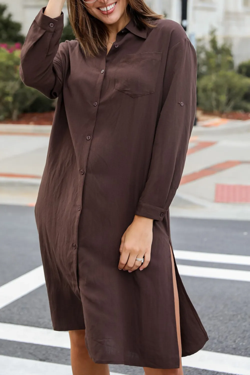 Cherished Chicness Brown Button Front Midi Dress
