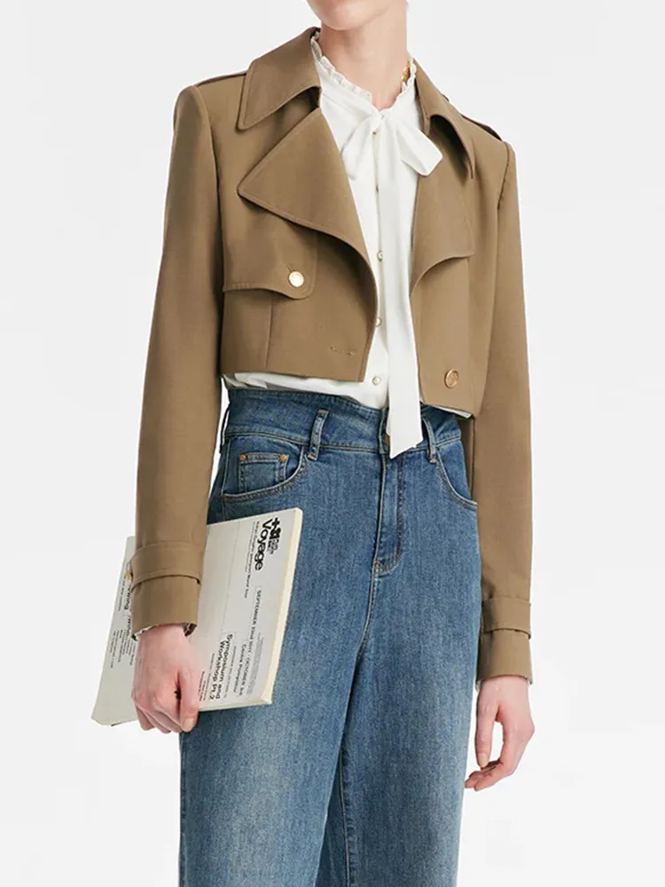 MachIne Washable Wool Lapel Women Crop Trench Coat