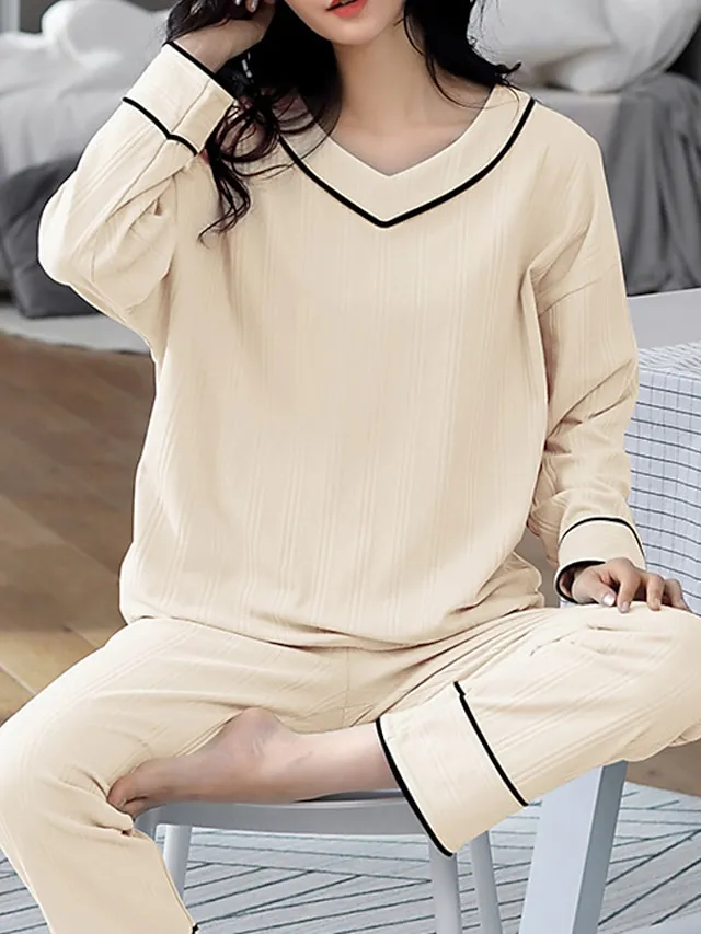 Women's Pajamas Nighty Pjs Sets 2 Pieces Pure Color Fashion Simple Comfort Home Daily Bed Cotton Breathable Gift V Wire Long Sleeve Pant Elastic Waist Basic Spring Fall Black Light Green