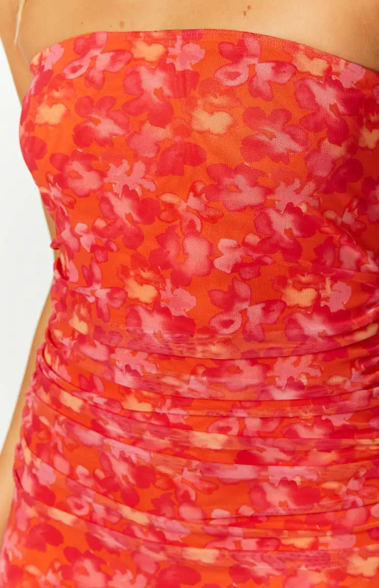 Orange Floral Ruched Strapless Dress