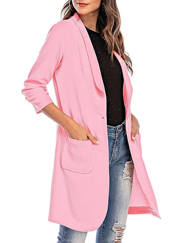 Women's Blazer Clean Fit  Casual Work Daily Fall Spring Long Coat Regular Fit Breathable Lightweight Sporty Casual Jacket 3/4 Length Sleeve Solid Color Black Pink Yellow