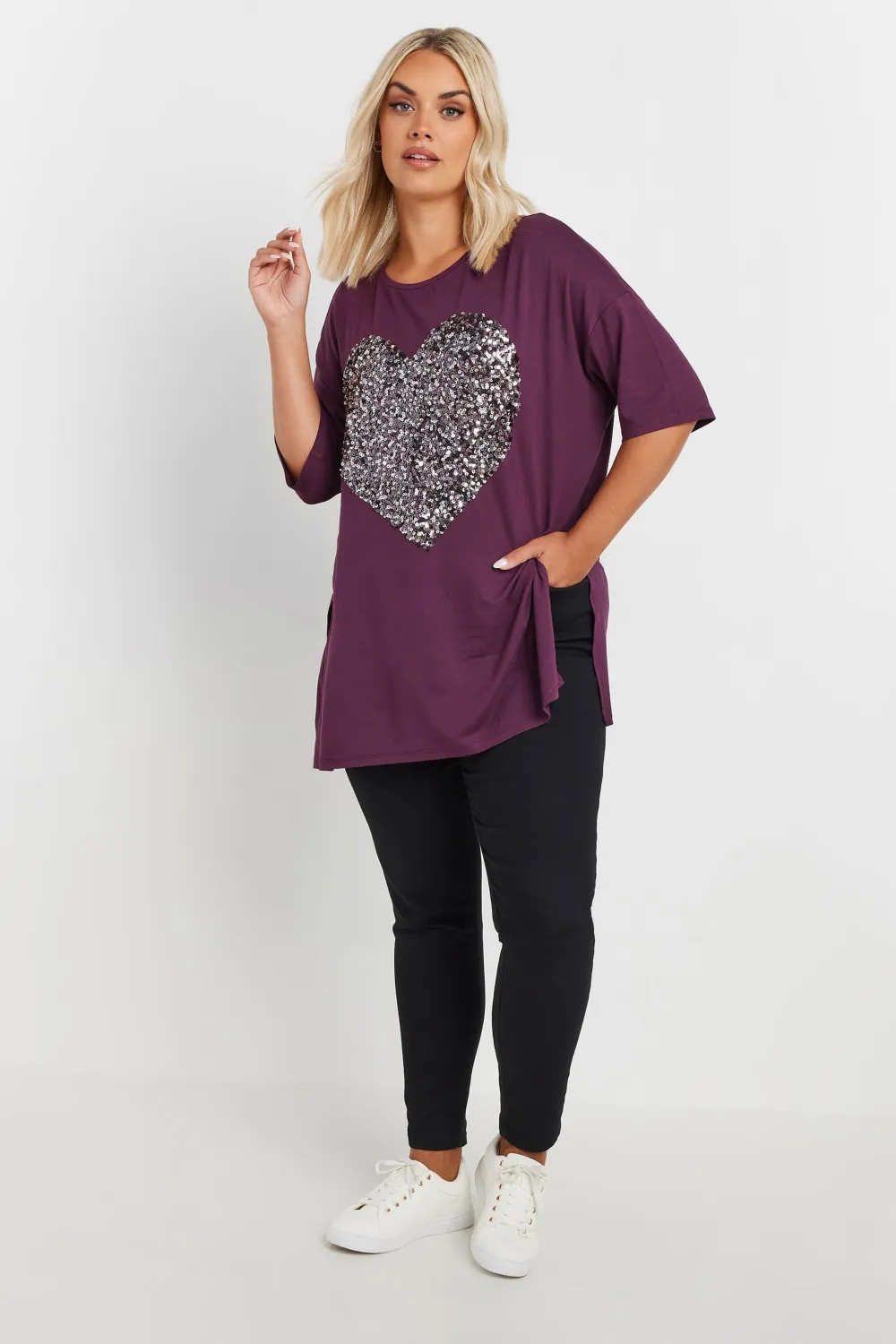 YOURS Curve Purple Heart Sequin Embellished T-Shirt