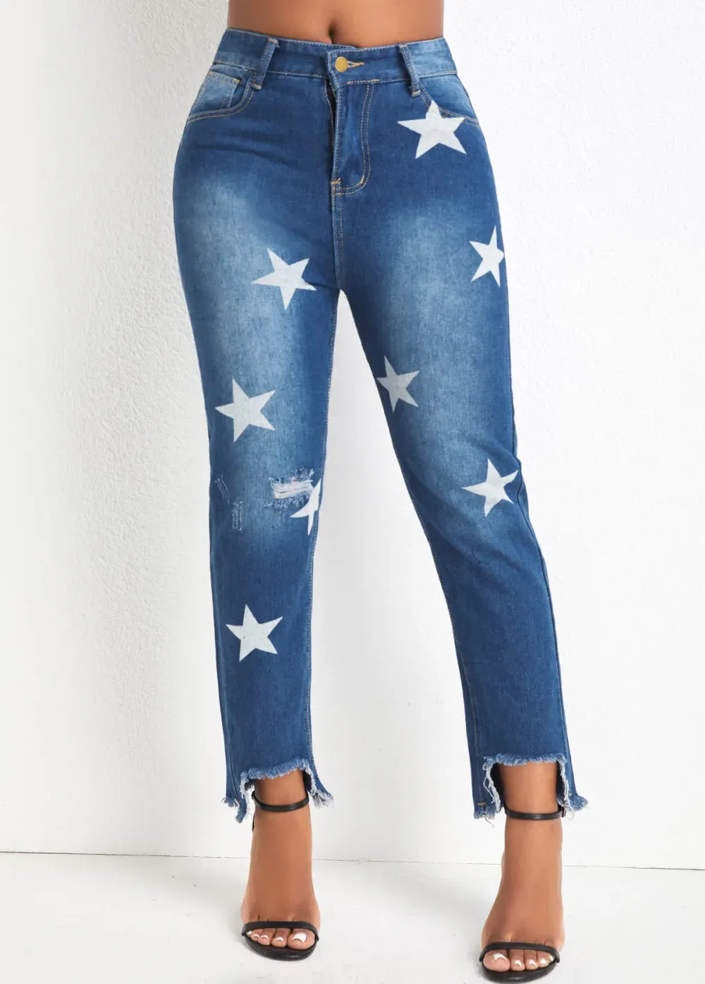 Denim Blue Pocket Star Print Regular Jeans