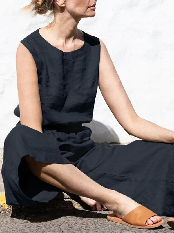 Simple Sleeveless Wide Leg Elasticity Solid Color Round-Neck Jumpsuits