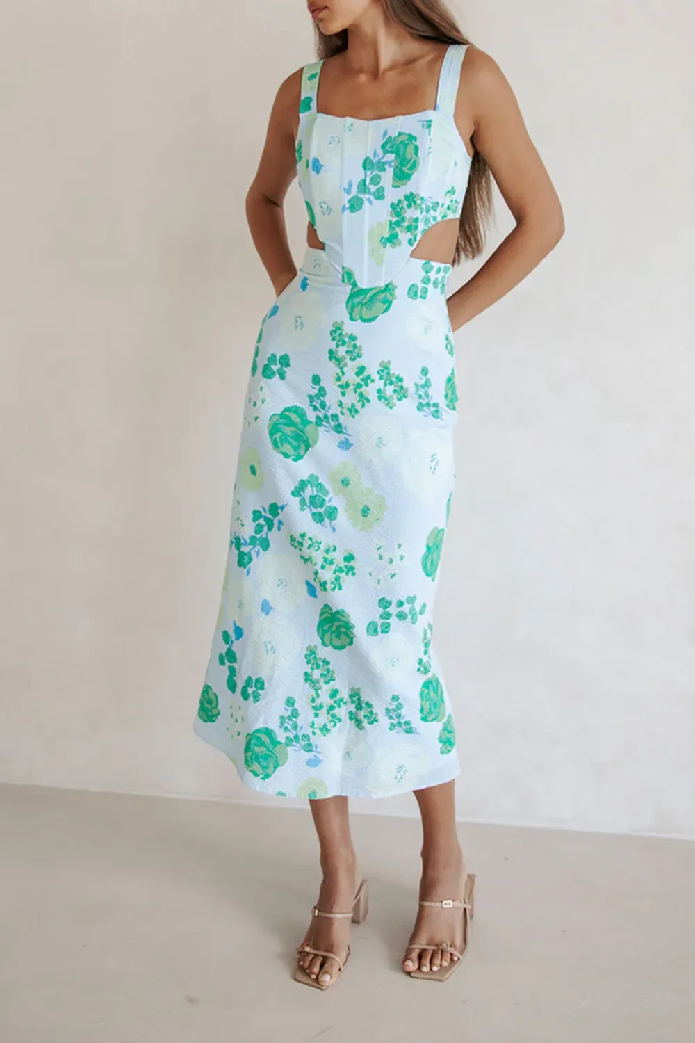 Square Neck Cut Out Floral Midi Dress