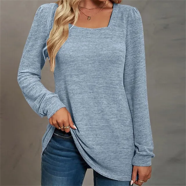 Women's T shirt Tee Cotton Light Blue Pink Apricot Plain Long Sleeve Casual Daily Holiday Basic U Neck Regular Fit Fall & Winter