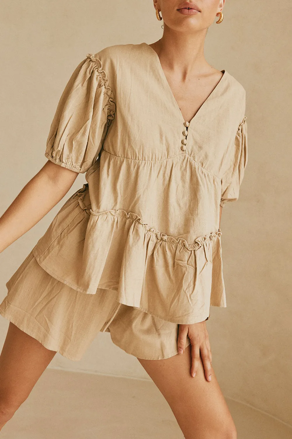 Ruffled V Neck Short Sleeve Top