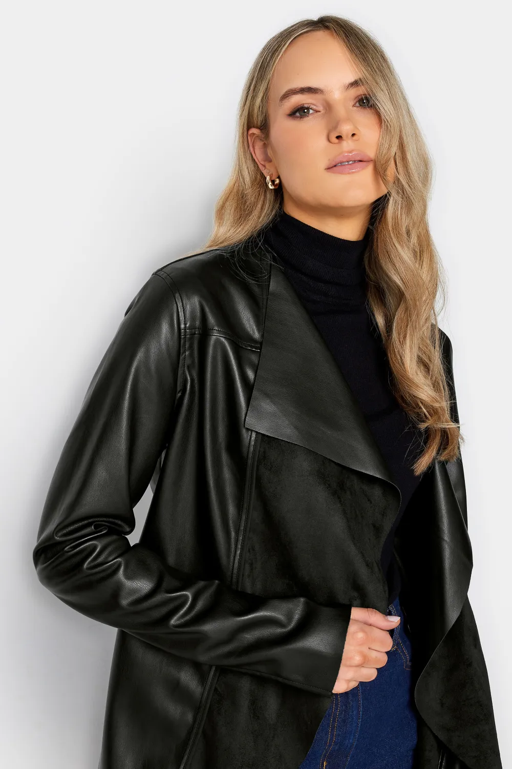 LTS Tall Black Faux Leather Waterfall Jacket